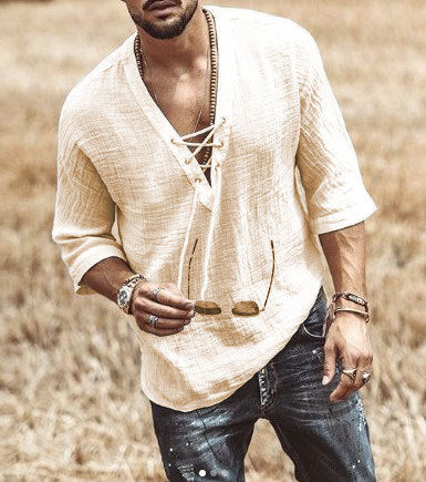 Men's Shirt – Relaxed Fit – Breathable Natural Textile – V-Neck with Lace-Up Closure – 3/4 Sleeve - Image 4