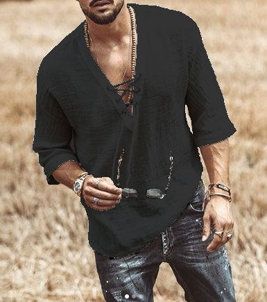 Men's Shirt – Relaxed Fit – Breathable Natural Textile – V-Neck with Lace-Up Closure – 3/4 Sleeve - Image 5