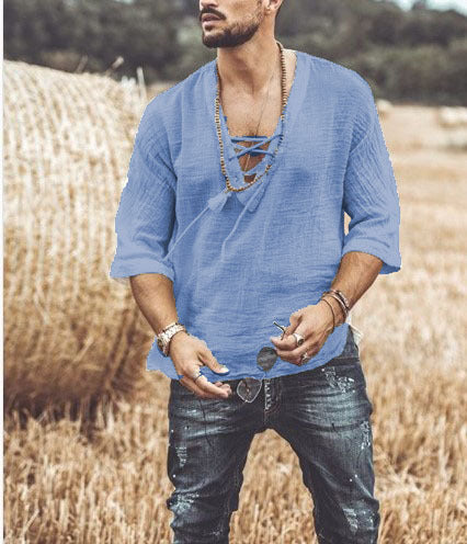 Men's Shirt – Relaxed Fit – Breathable Natural Textile – V-Neck with Lace-Up Closure – 3/4 Sleeve - Image 6