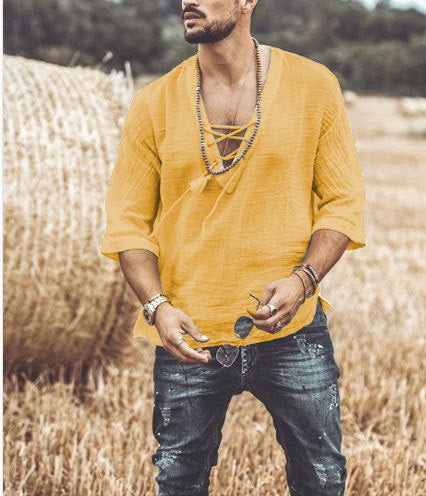 Men's Shirt – Relaxed Fit – Breathable Natural Textile – V-Neck with Lace-Up Closure – 3/4 Sleeve - Image 7