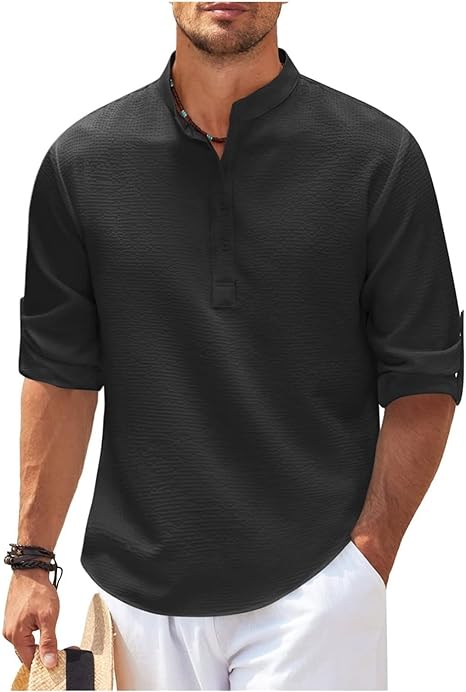 Men's Shirt – Relaxed Fit – Band Collar – Breathable – Short Button Placket - Image 3