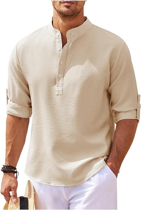 Men's Shirt – Relaxed Fit – Band Collar – Breathable – Short Button Placket - Image 5
