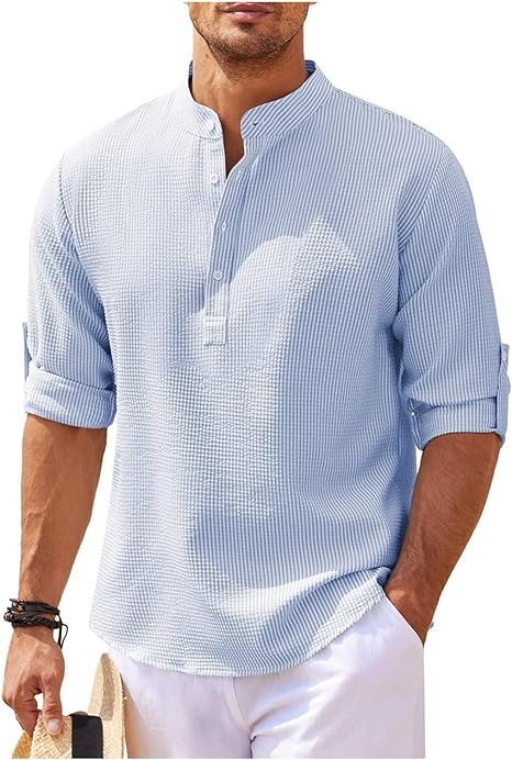 Men's Shirt – Relaxed Fit – Band Collar – Breathable – Short Button Placket - Image 6