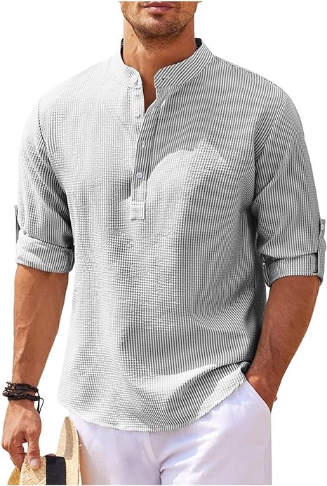 Men's Shirt – Relaxed Fit – Band Collar – Breathable – Short Button Placket - Image 7