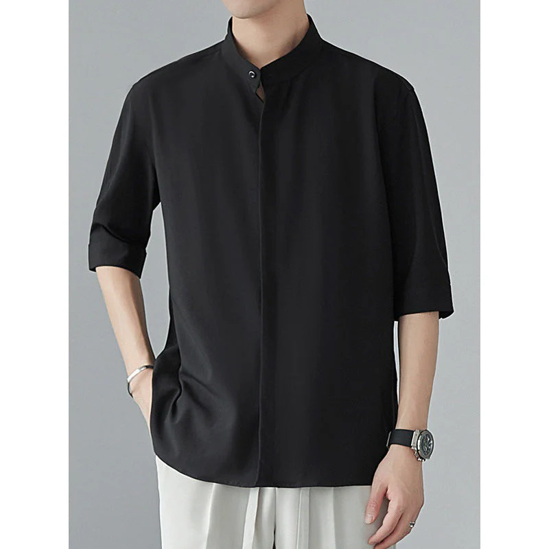 Men's Shirt – Relaxed Fit – Linen Look – Mao Collar – Concealed Button Closure - Image 2