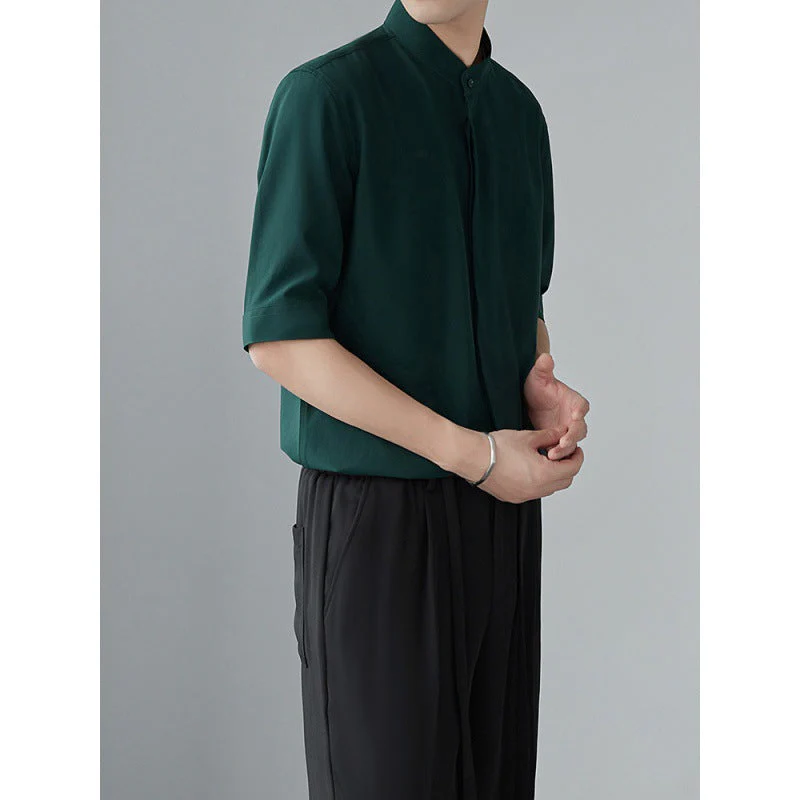 Men's Shirt – Relaxed Fit – Linen Look – Mao Collar – Concealed Button Closure - Image 3