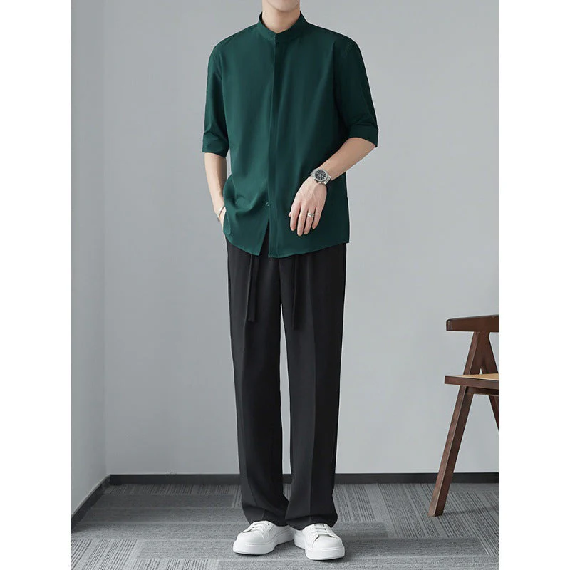 Men's Shirt – Relaxed Fit – Linen Look – Mao Collar – Concealed Button Closure - Image 4