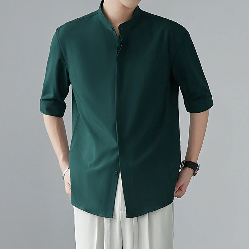 Men's Shirt – Relaxed Fit – Linen Look – Mao Collar – Concealed Button Closure - Image 6