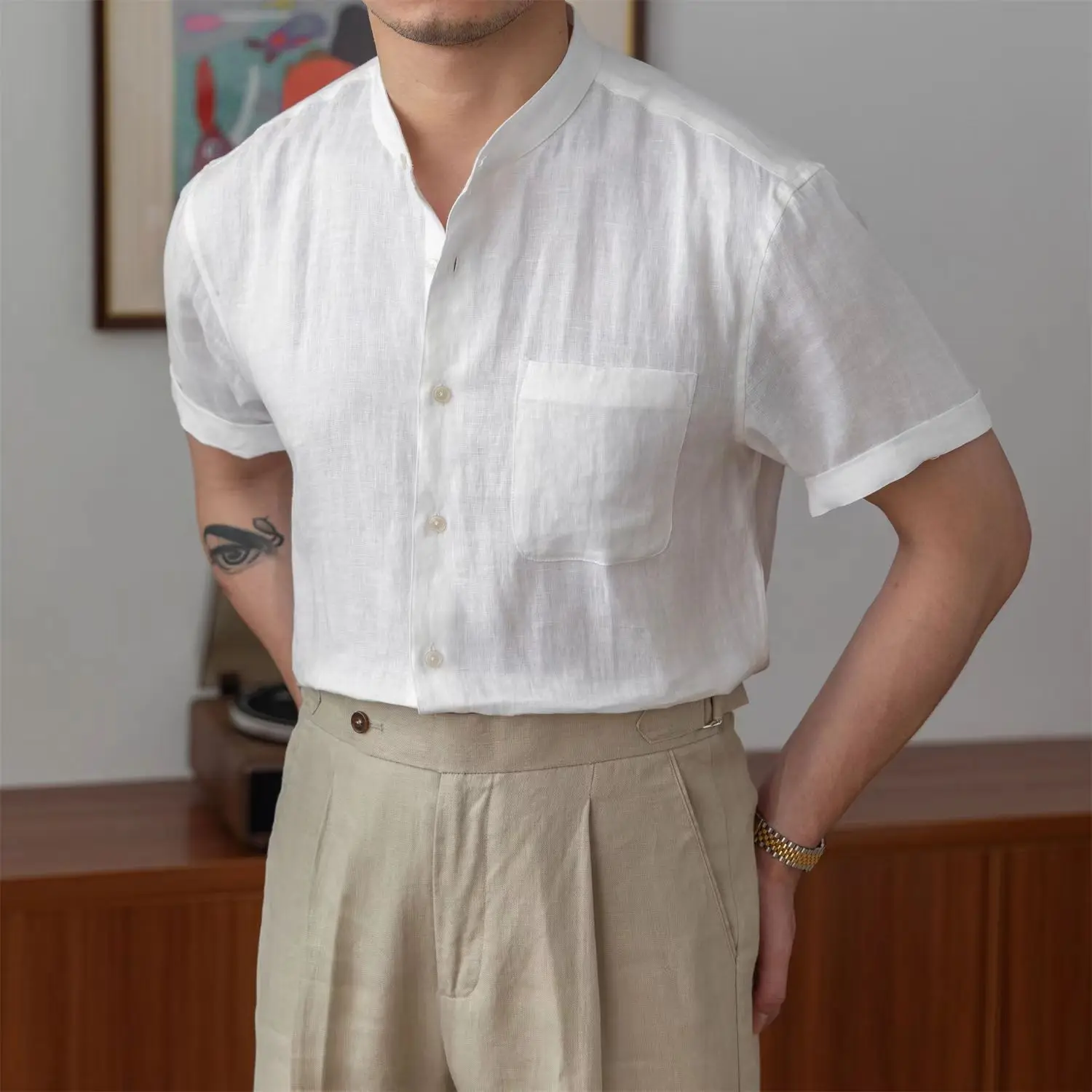 Men's Shirt – Relaxed Fit – Natural Textile – Mandarin Collar – Long Sleeve - Image 3