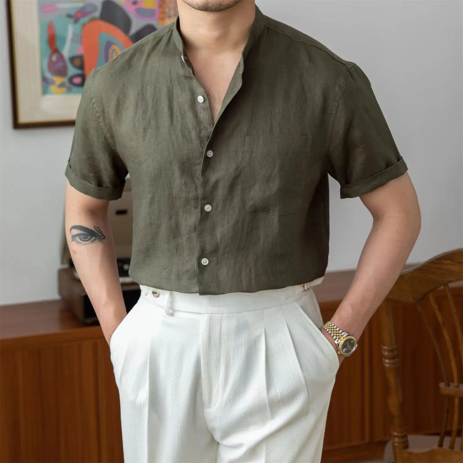 Men's Shirt – Relaxed Fit – Natural Textile – Mandarin Collar – Long Sleeve - Image 4