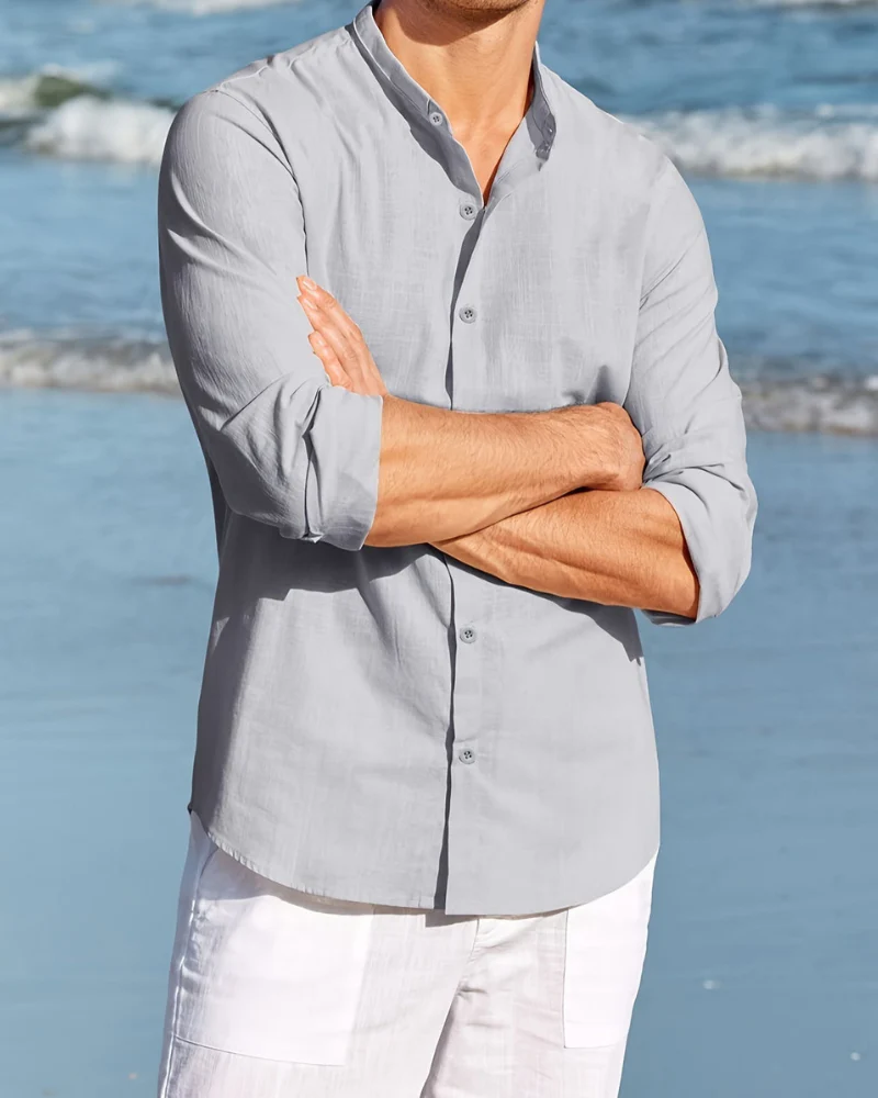 Men's Shirt – Relaxed Fit – Natural Fabrics – Mandarin Collar – Long Sleeve - Image 2