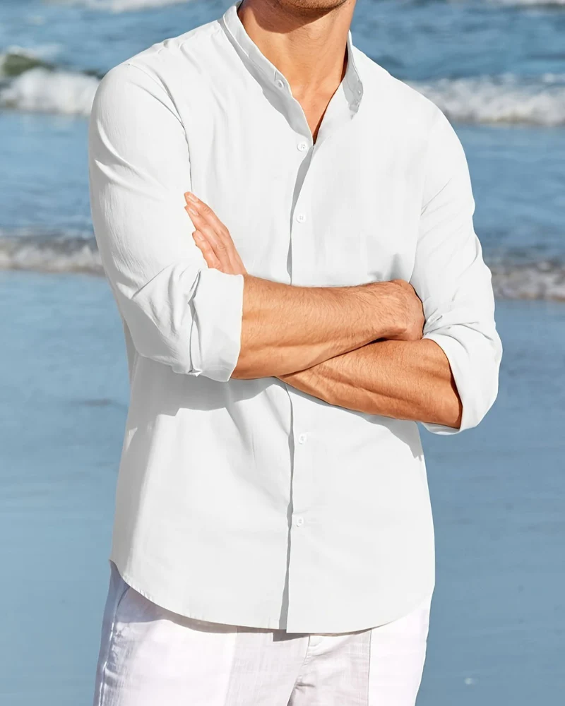 Men's Shirt – Relaxed Fit – Natural Fabrics – Mandarin Collar – Long Sleeve - Image 3