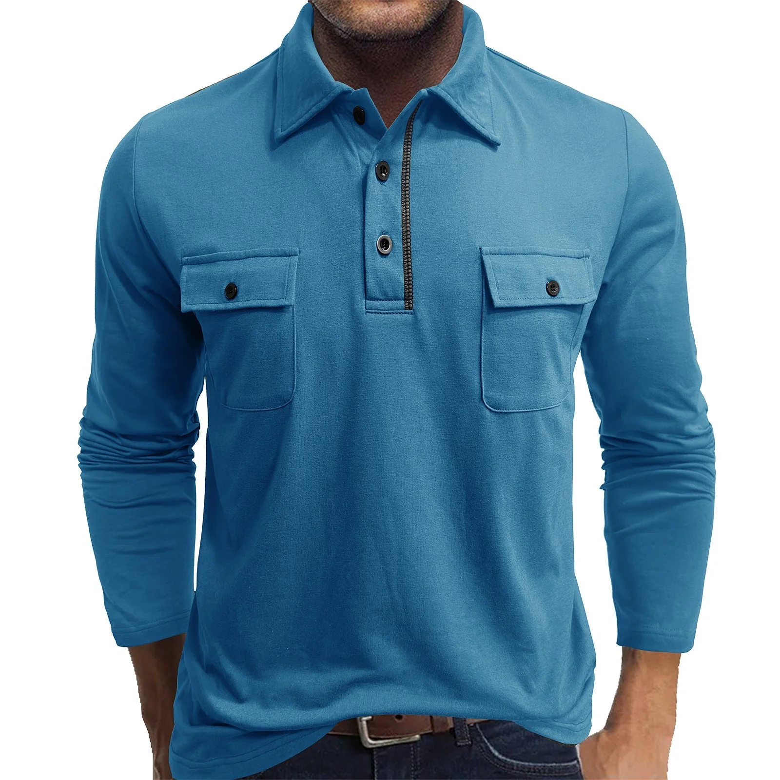 Men's Polo Shirt – Regular Fit – Cotton Blend – Long Sleeve – Double Chest Pockets - Image 3