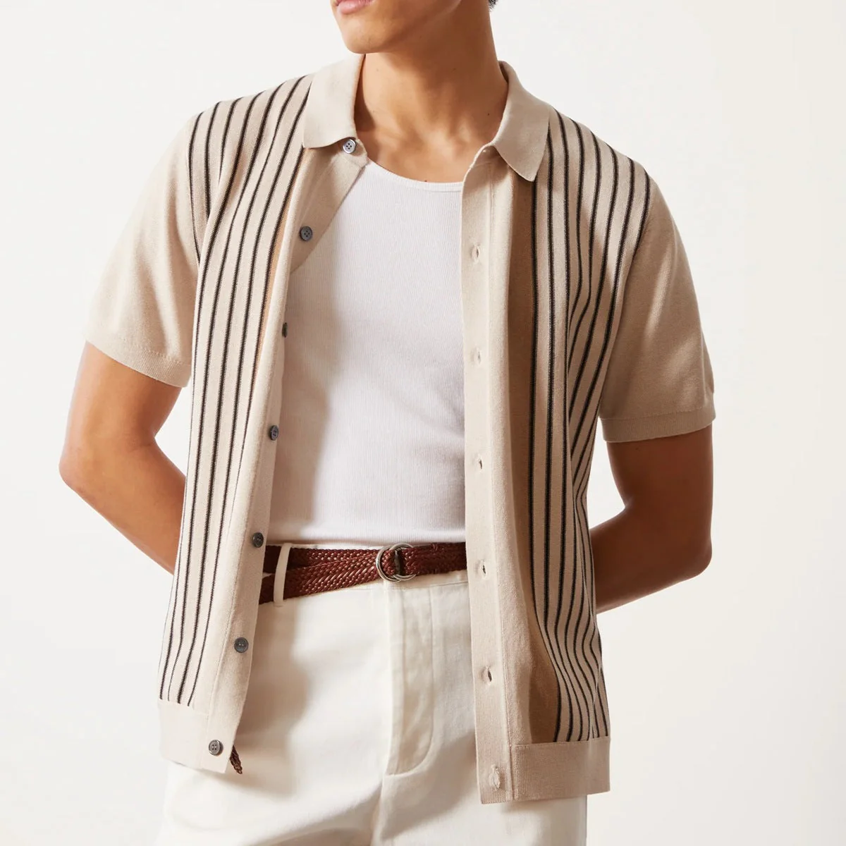 Men's Polo Shirt – Relaxed Fit – Soft Knit – Vertical Stripes – Short Sleeve - Image 2