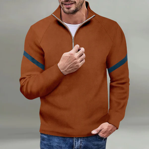 Men's Pullover – Wool Mix – Relaxed Fit – High Neck – Quarter Zip – Striped Sleeves - Image 5