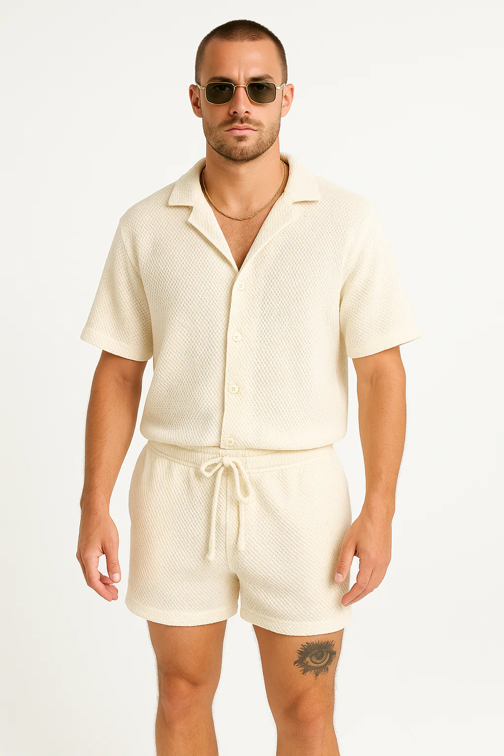 Men's Set – Casual Button-Up Shirt and Drawstring Shorts – Relaxed Fit – Breathable Fabric - Image 2