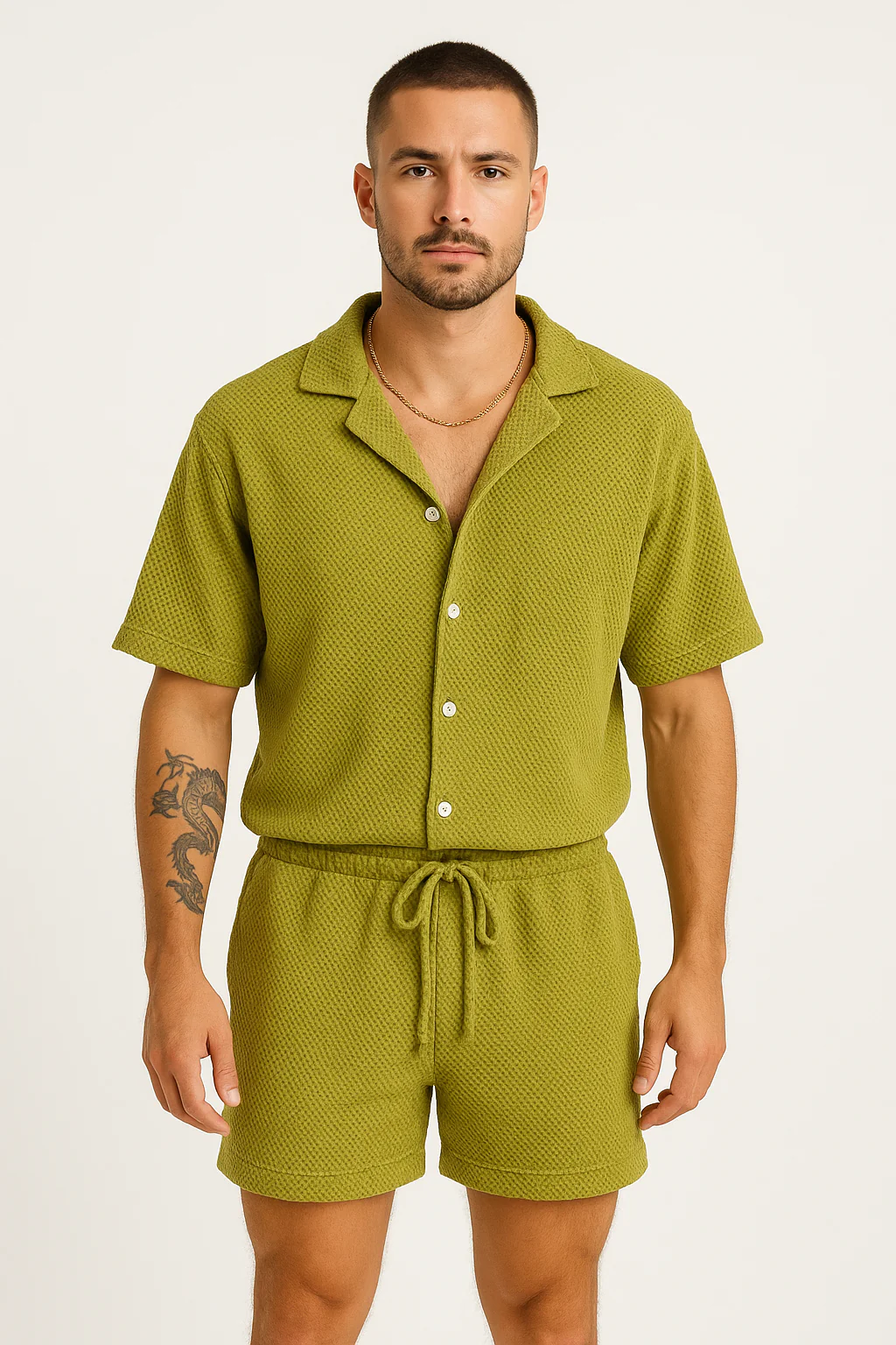 Men's Set – Casual Button-Up Shirt and Drawstring Shorts – Relaxed Fit – Breathable Fabric - Image 3