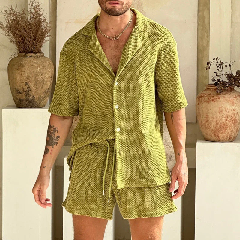 Men's Set – Casual Button-Up Shirt and Drawstring Shorts – Relaxed Fit – Breathable Fabric - Image 4
