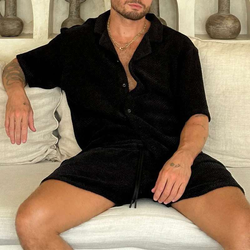 Men's Set – Casual Button-Up Shirt and Drawstring Shorts – Relaxed Fit – Breathable Fabric - Image 5
