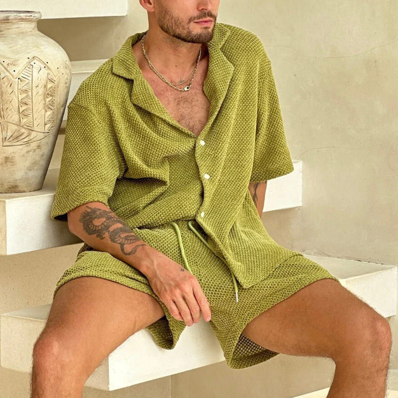 Men's Set – Casual Button-Up Shirt and Drawstring Shorts – Relaxed Fit – Breathable Fabric - Image 6