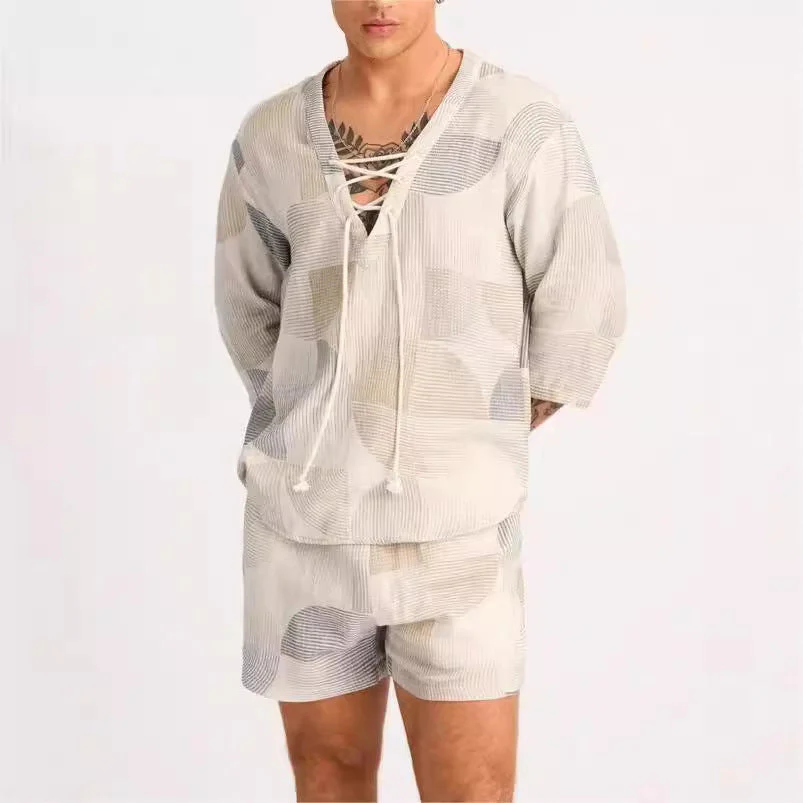 Men's Set – Casual Lace-Up Shirt and Shorts – Relaxed Fit – Breathable Fabric - Image 2
