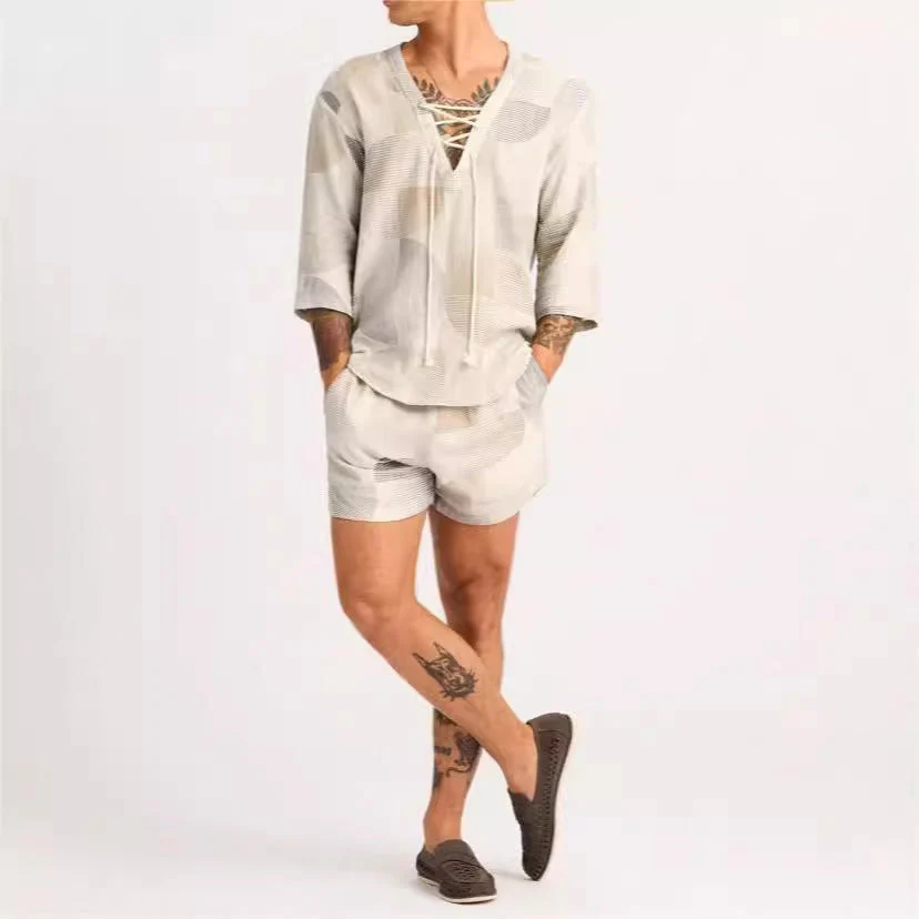 Men's Set – Casual Lace-Up Shirt and Shorts – Relaxed Fit – Breathable Fabric - Image 3