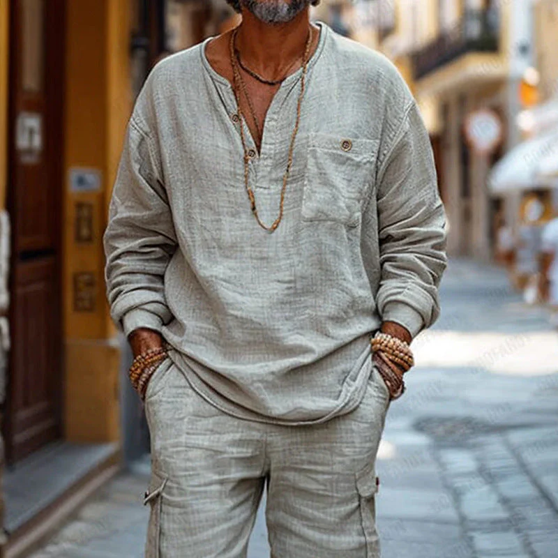 Men's Set – Casual Long Sleeve V-Neck Top – Cargo Shorts – Relaxed Fit – Breathable - Image 2