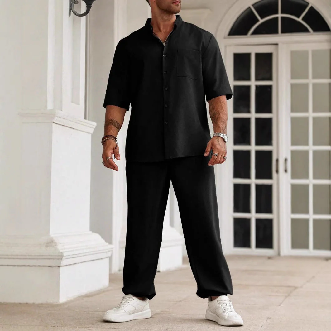 Men's Set – Casual Outfit – Breathable Material – Relaxed Fit – Short Sleeves & Long Pants - Image 2