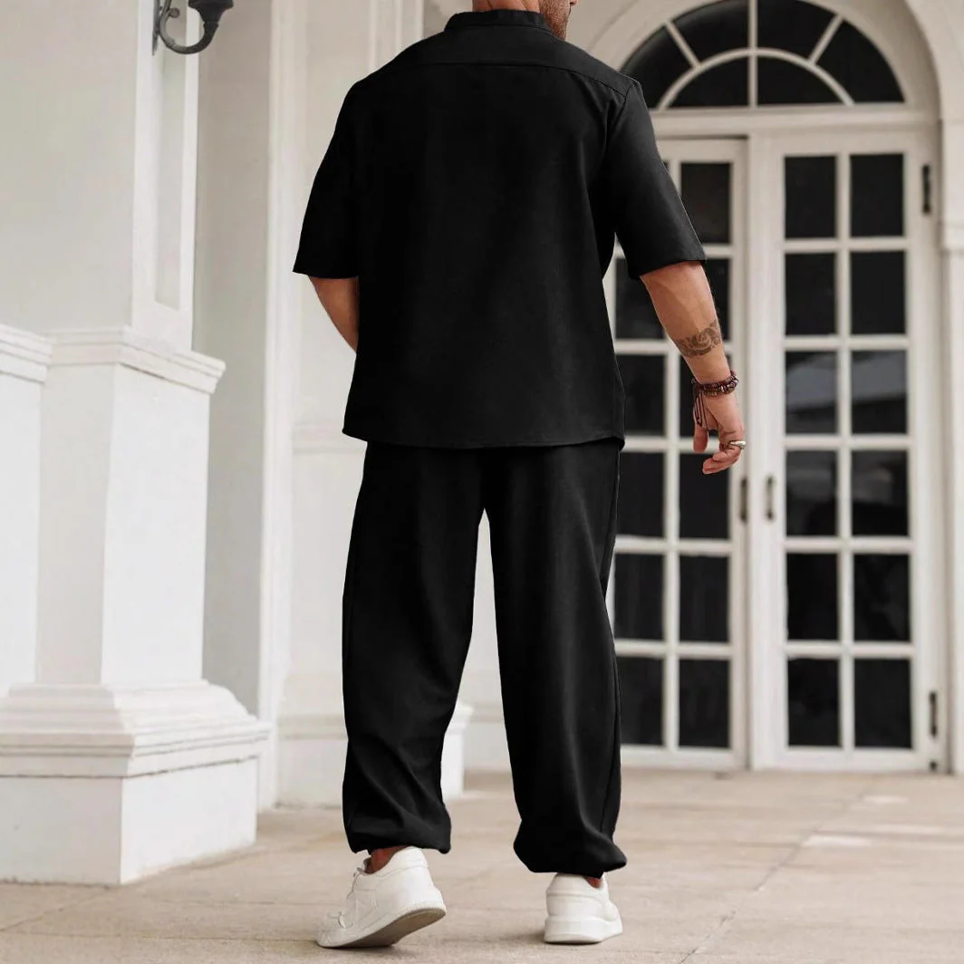 Men's Set – Casual Outfit – Breathable Material – Relaxed Fit – Short Sleeves & Long Pants - Image 3