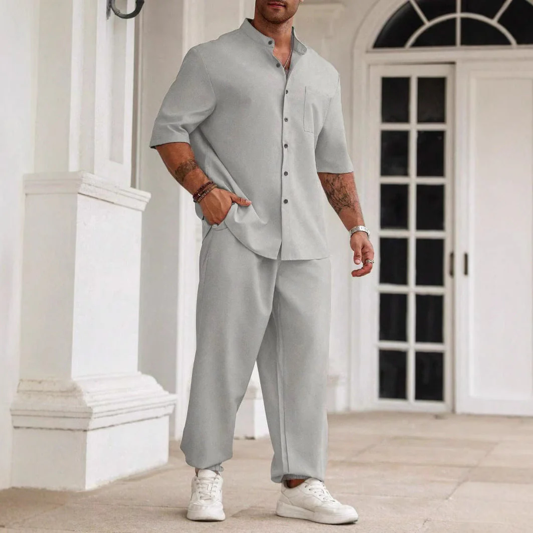 Men's Set – Casual Outfit – Breathable Material – Relaxed Fit – Short Sleeves & Long Pants - Image 4