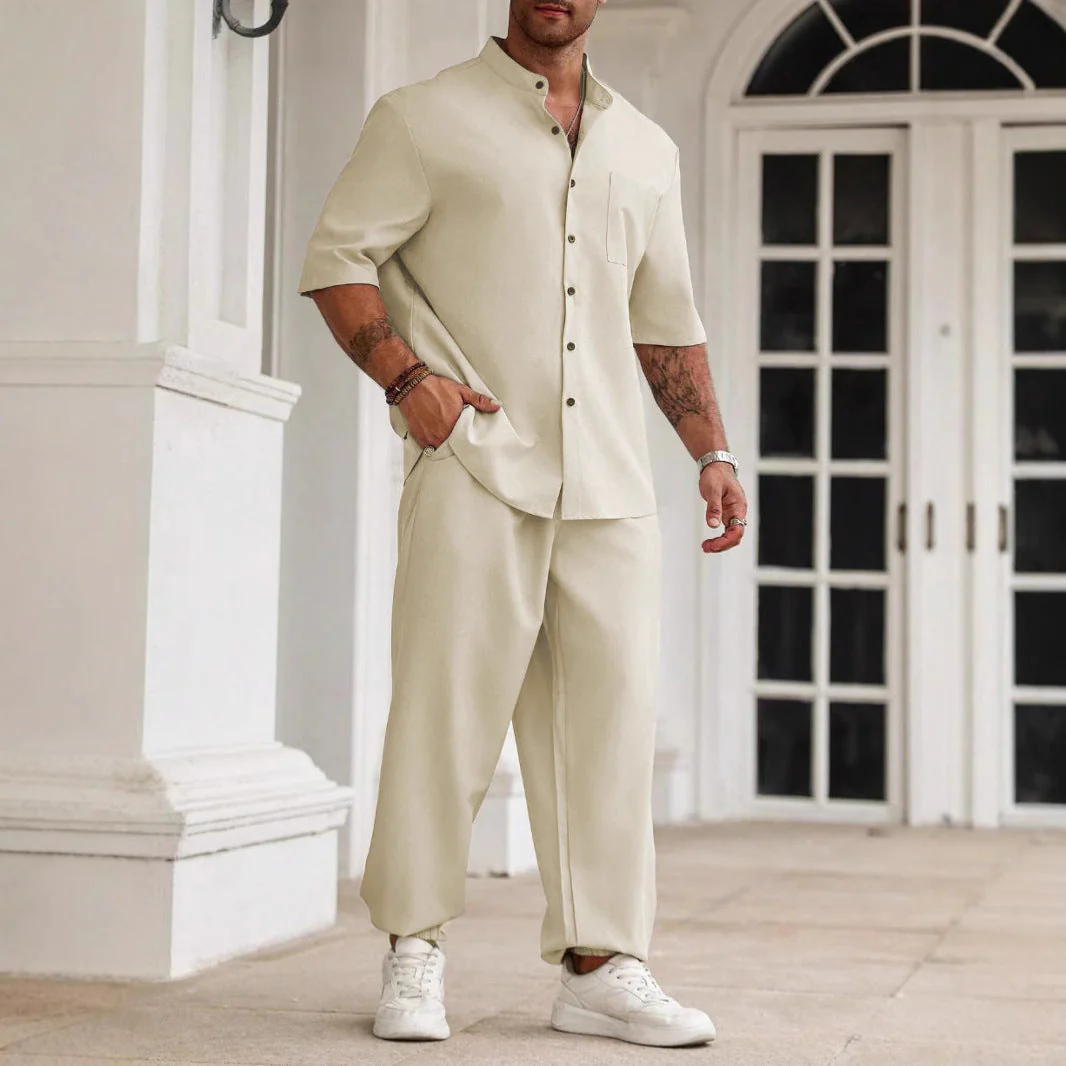 Men's Set – Casual Outfit – Breathable Material – Relaxed Fit – Short Sleeves & Long Pants - Image 5