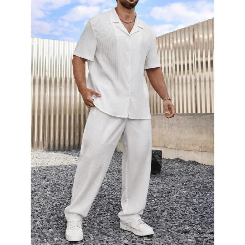 Men's Set – Casual Shirt with Short Sleeves – Straight Pants – Breathable Comfort - Image 2