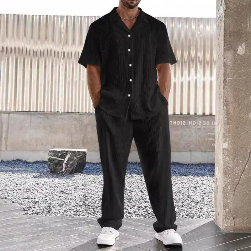 Men's Set – Casual Shirt with Short Sleeves – Straight Pants – Breathable Comfort - Image 3