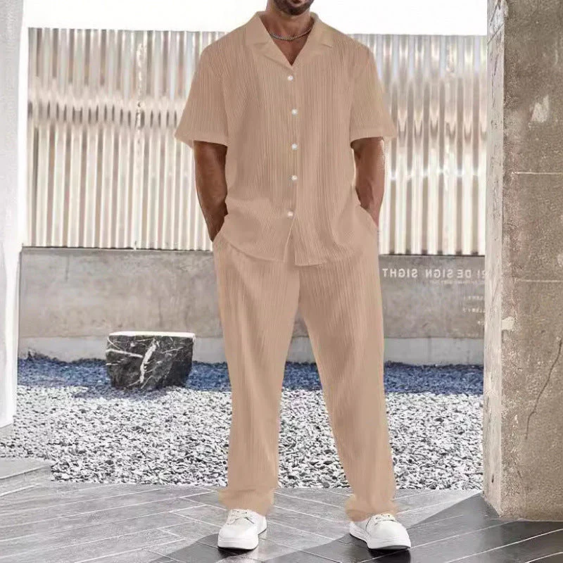 Men's Set – Casual Shirt with Short Sleeves – Straight Pants – Breathable Comfort - Image 4