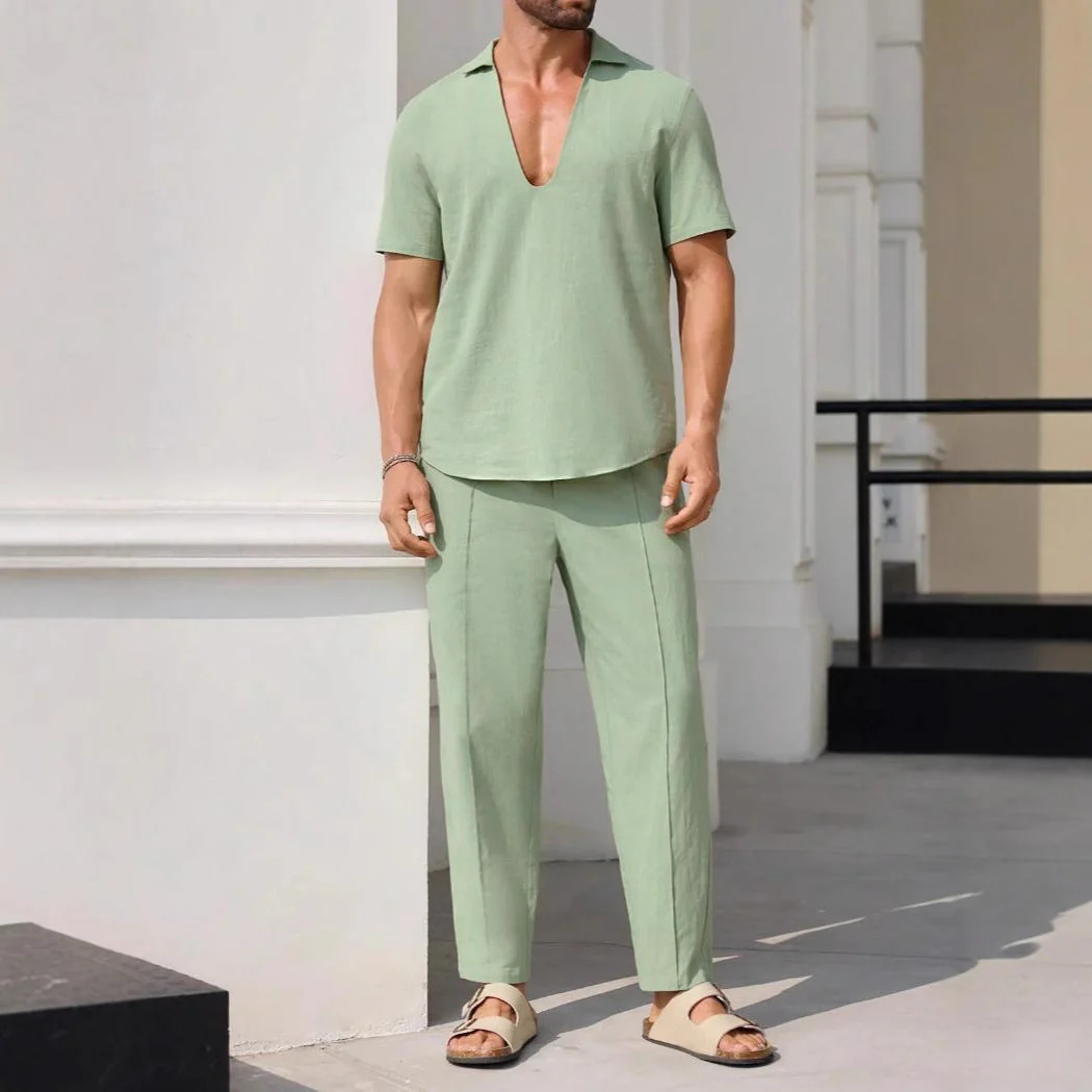 Men's Set – Casual Suit with Short Sleeves – Relaxed Fit – Breathable Natural Fabric - Image 2