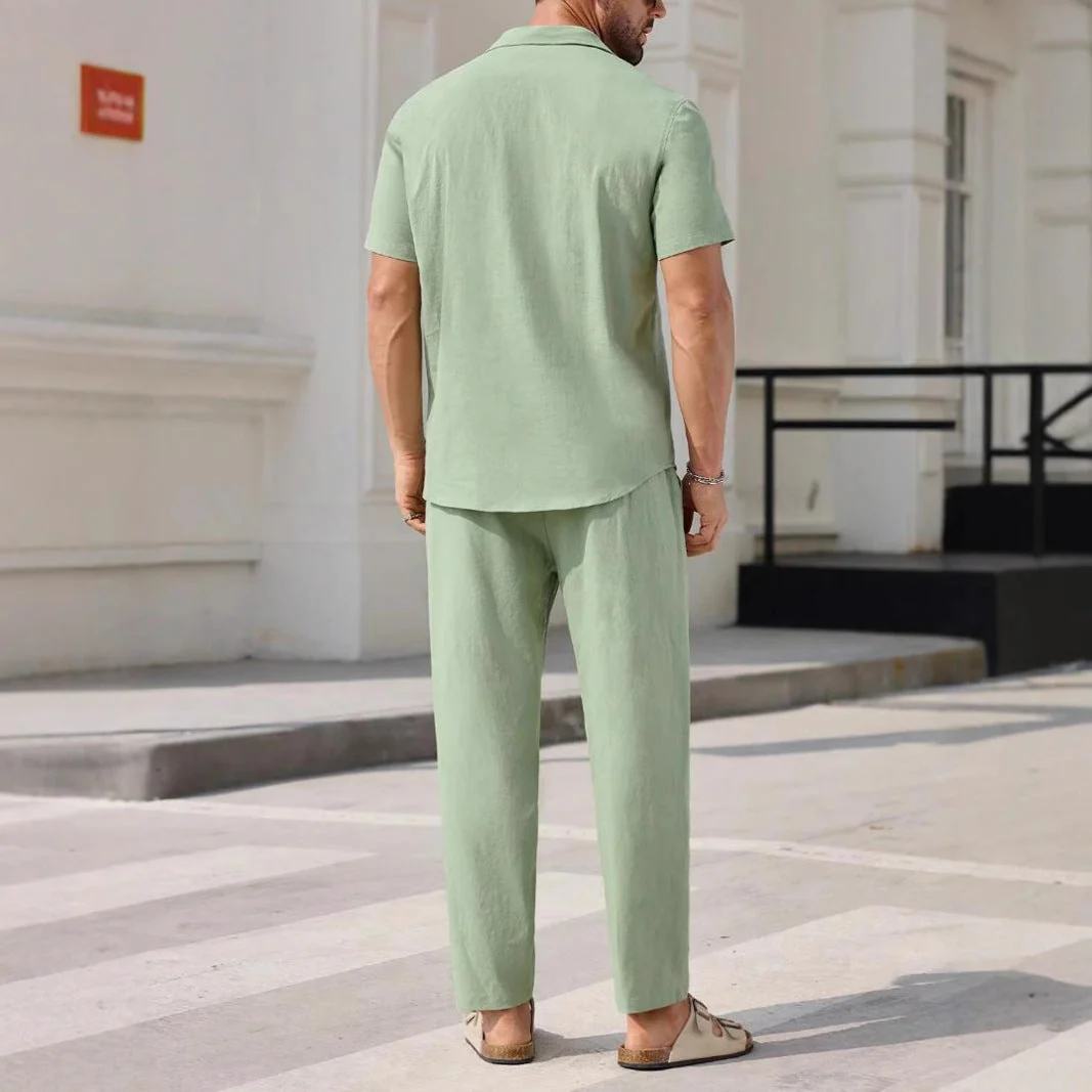 Men's Set – Casual Suit with Short Sleeves – Relaxed Fit – Breathable Natural Fabric - Image 3