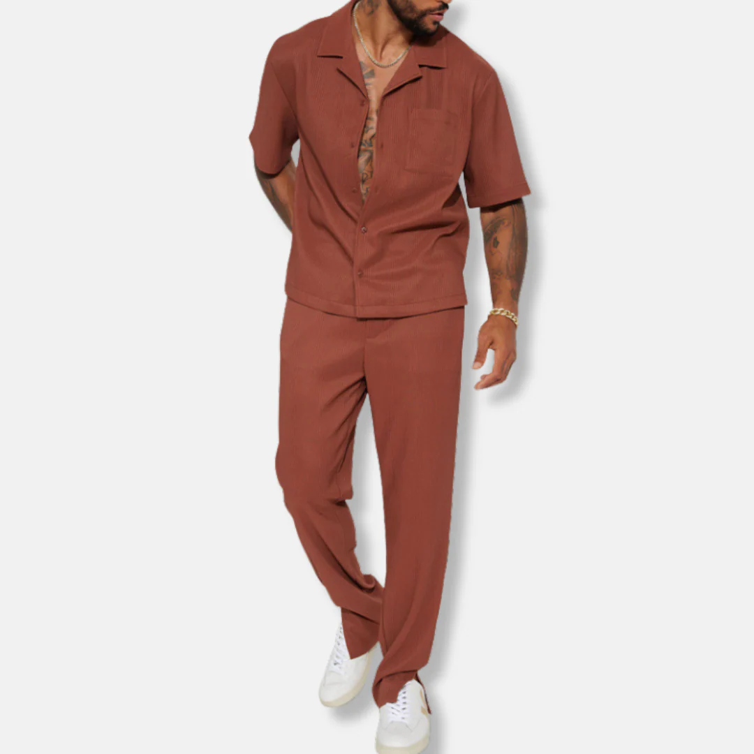 Men's Set – Casual Fit – Breathable Material – Short Sleeve Shirt – Long Pants - Image 3