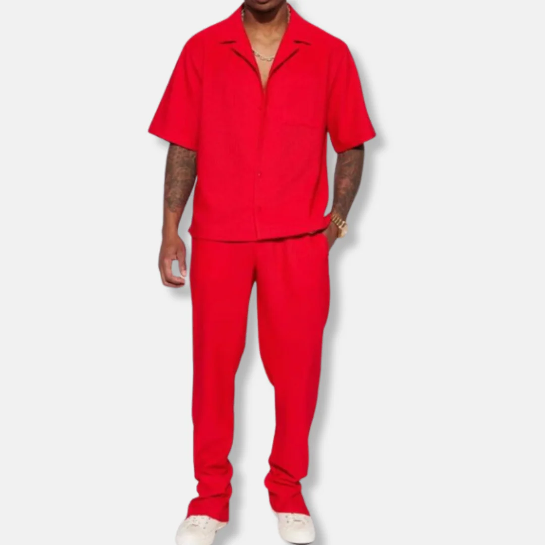 Men's Set – Casual Fit – Breathable Material – Short Sleeve Shirt – Long Pants - Image 4
