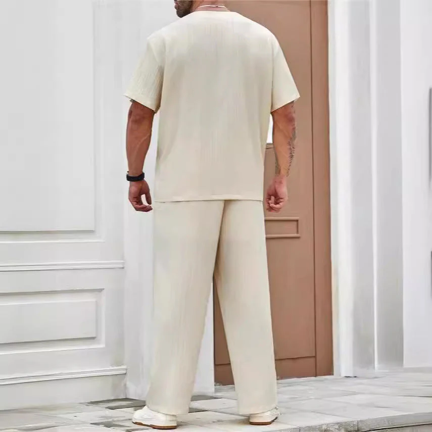 Men's Set – Casual Fit – V-neck Shirt with Overlap – Lightweight Long Pants - Image 2