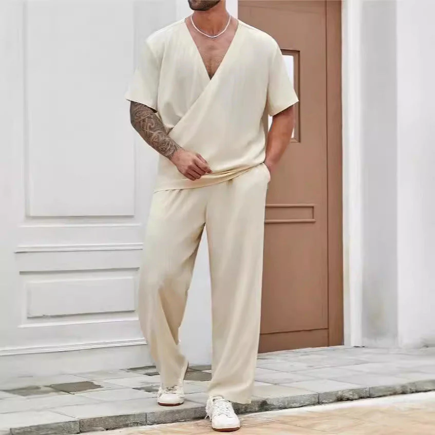 Men's Set – Casual Fit – V-neck Shirt with Overlap – Lightweight Long Pants - Image 3