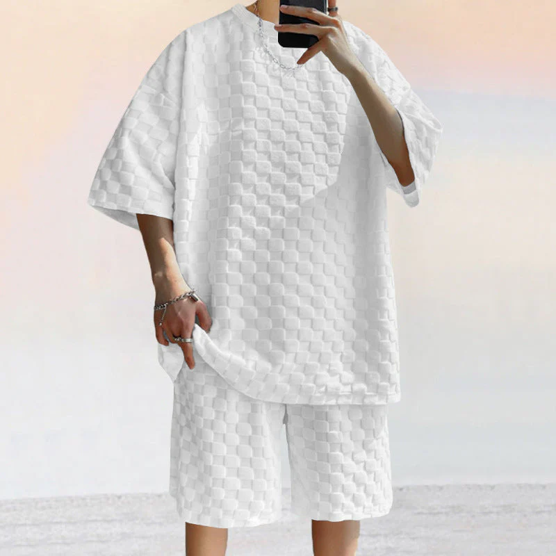 Men's Set – Casual Shirt and Shorts – Loose Fit – Soft Jacquard Knit - Image 4