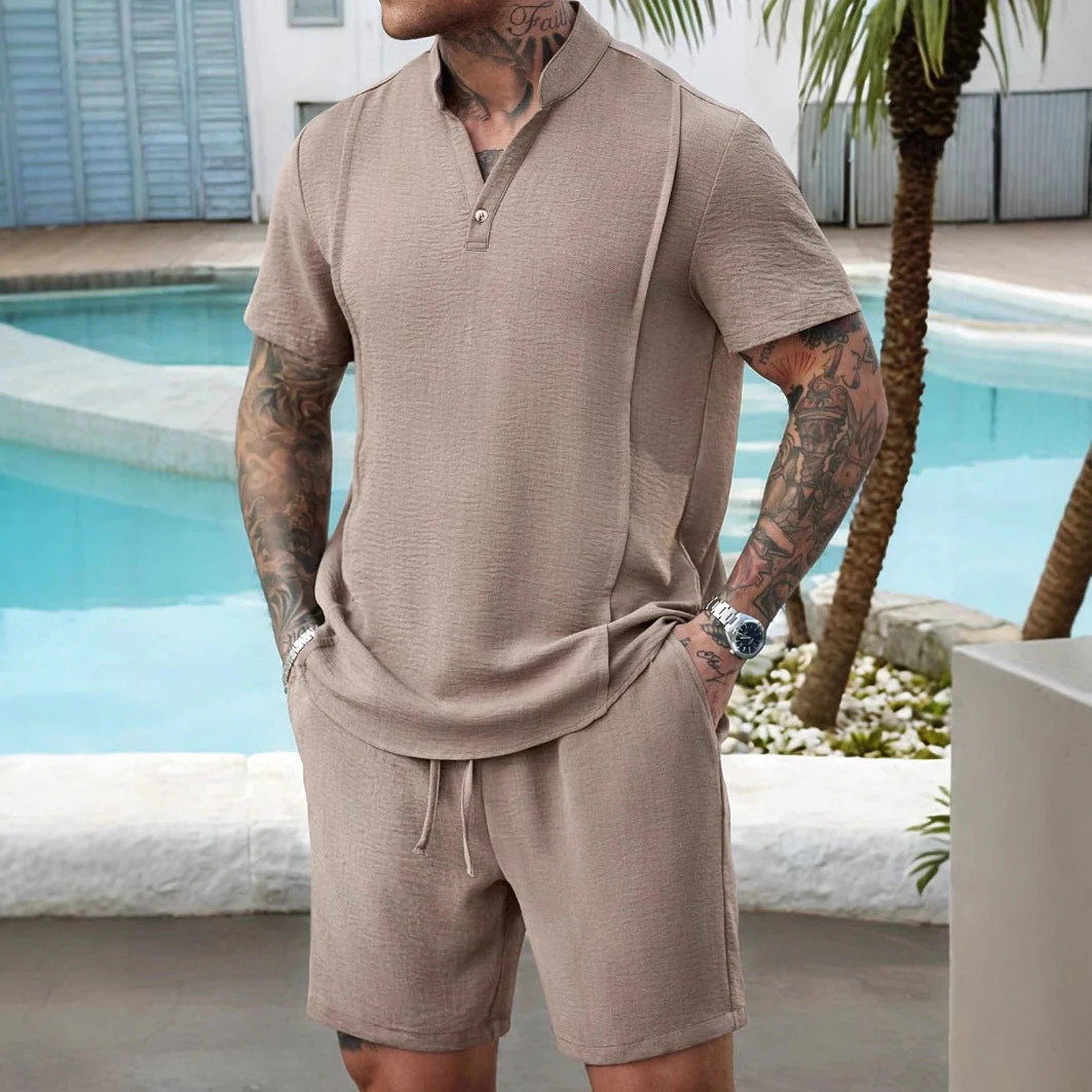 Men's Set Henley Shirt and Shorts – Relaxed Fit – Breathable – Casual Comfort - Image 3