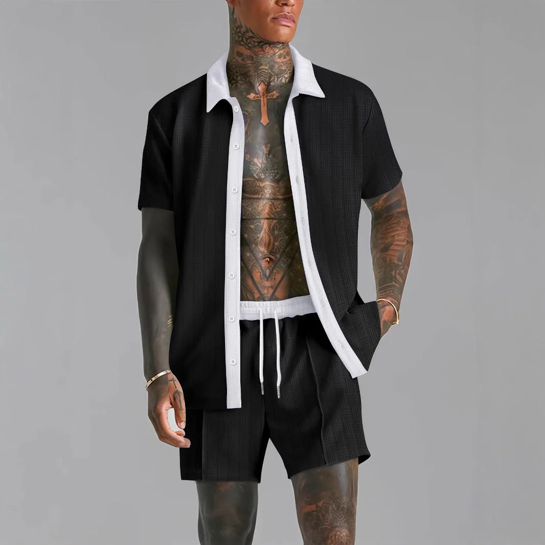 Men's Set Short Sleeve Shirt and Shorts – Relaxed Fit – Breathable Fabric – Elastic Waistband - Image 3