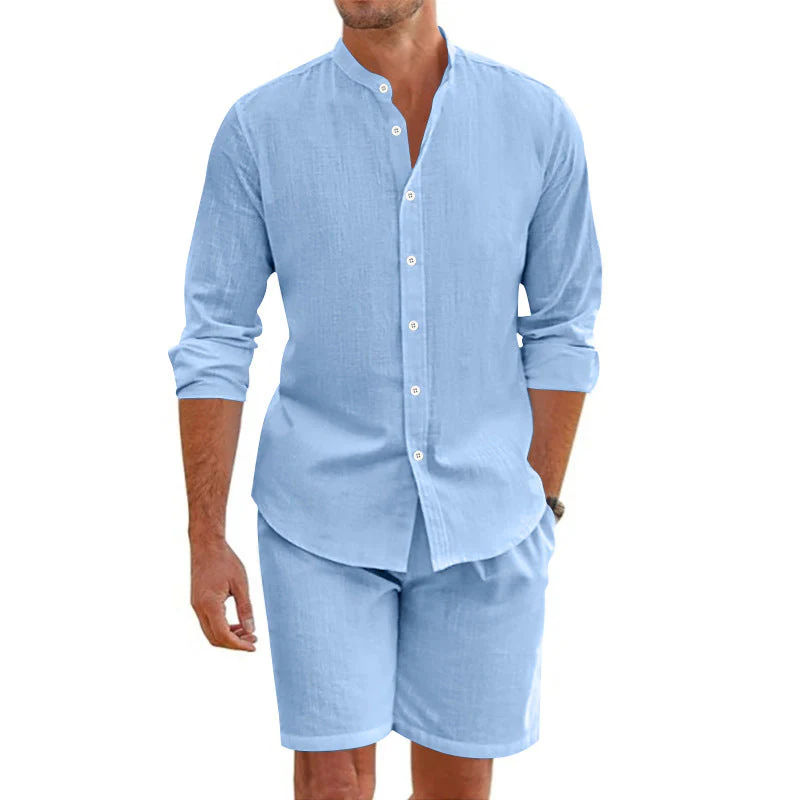 Men's Set – Linen Blend – Relaxed Fit – Button-Up Shirt with Shorts - Image 2