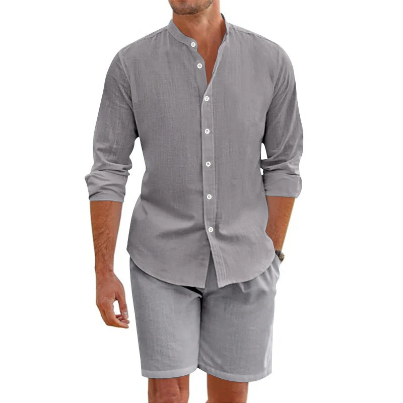 Men's Set – Linen Blend – Relaxed Fit – Button-Up Shirt with Shorts - Image 3