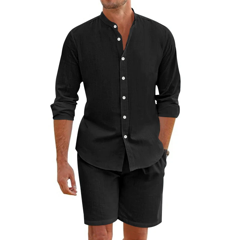 Men's Set – Linen Blend – Relaxed Fit – Button-Up Shirt with Shorts - Image 4
