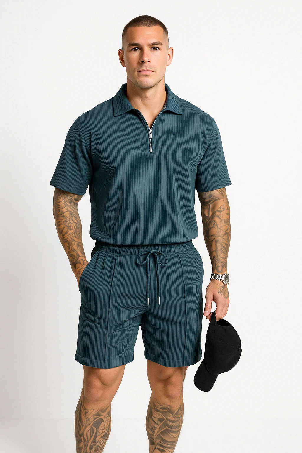 Men's Set Polo and Shorts – Relaxed Fit – Zipper Neck – Breathable – Drawstring Waist - Image 2