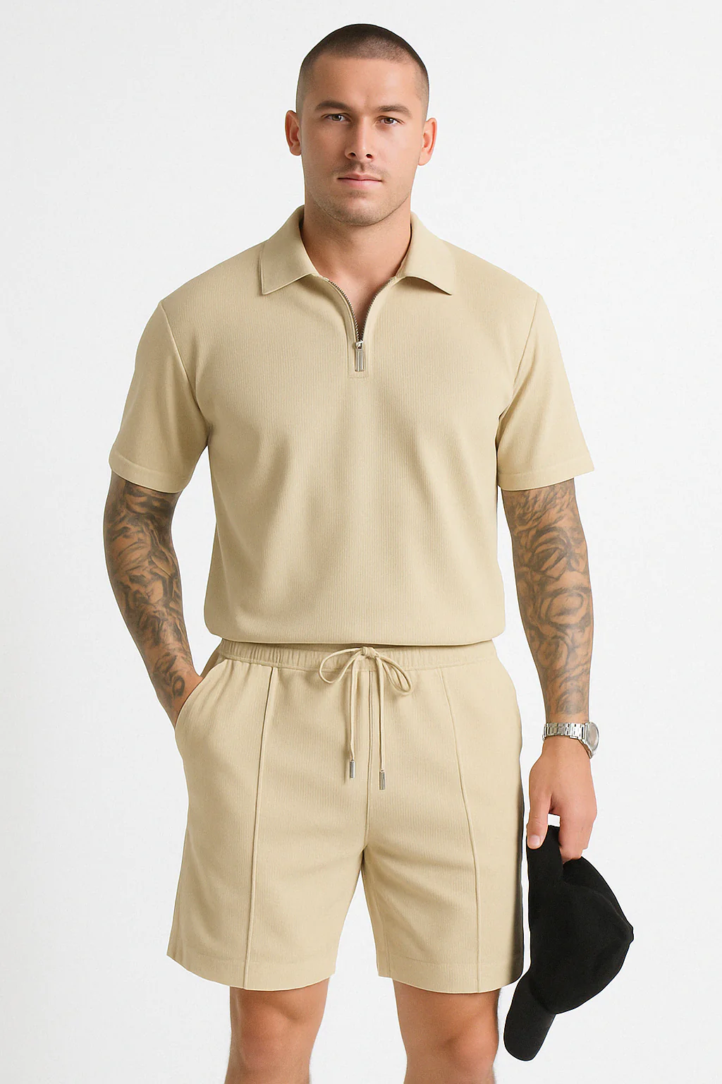 Men's Set Polo and Shorts – Relaxed Fit – Zipper Neck – Breathable – Drawstring Waist - Image 3