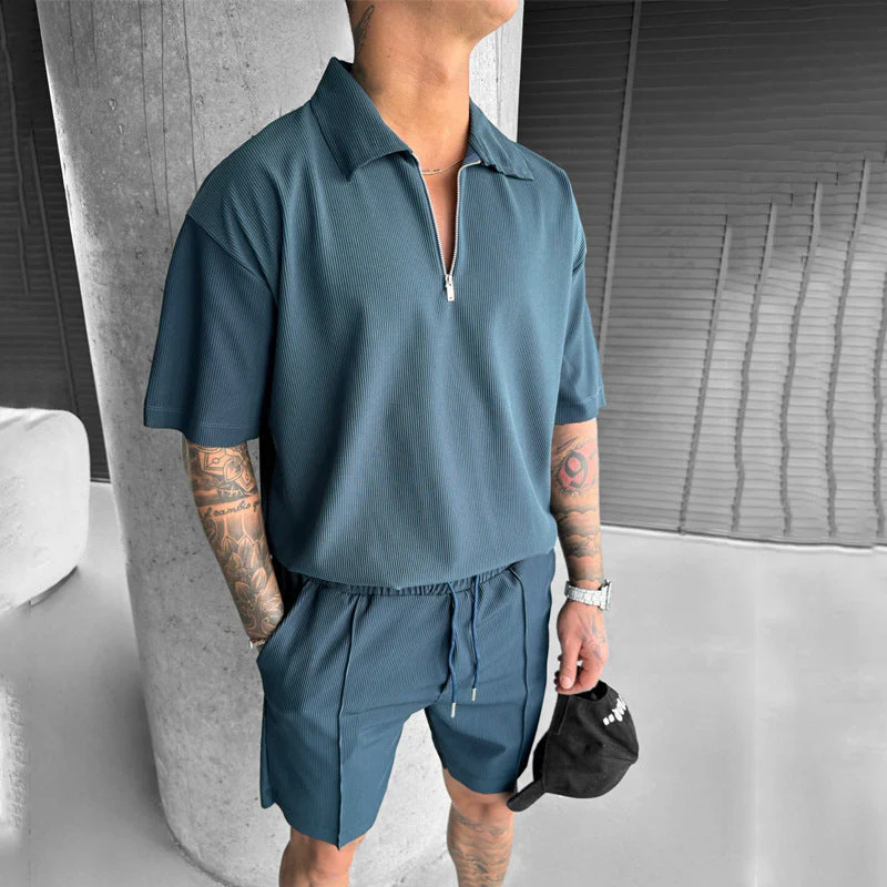 Men's Set Polo and Shorts – Relaxed Fit – Zipper Neck – Breathable – Drawstring Waist - Image 5