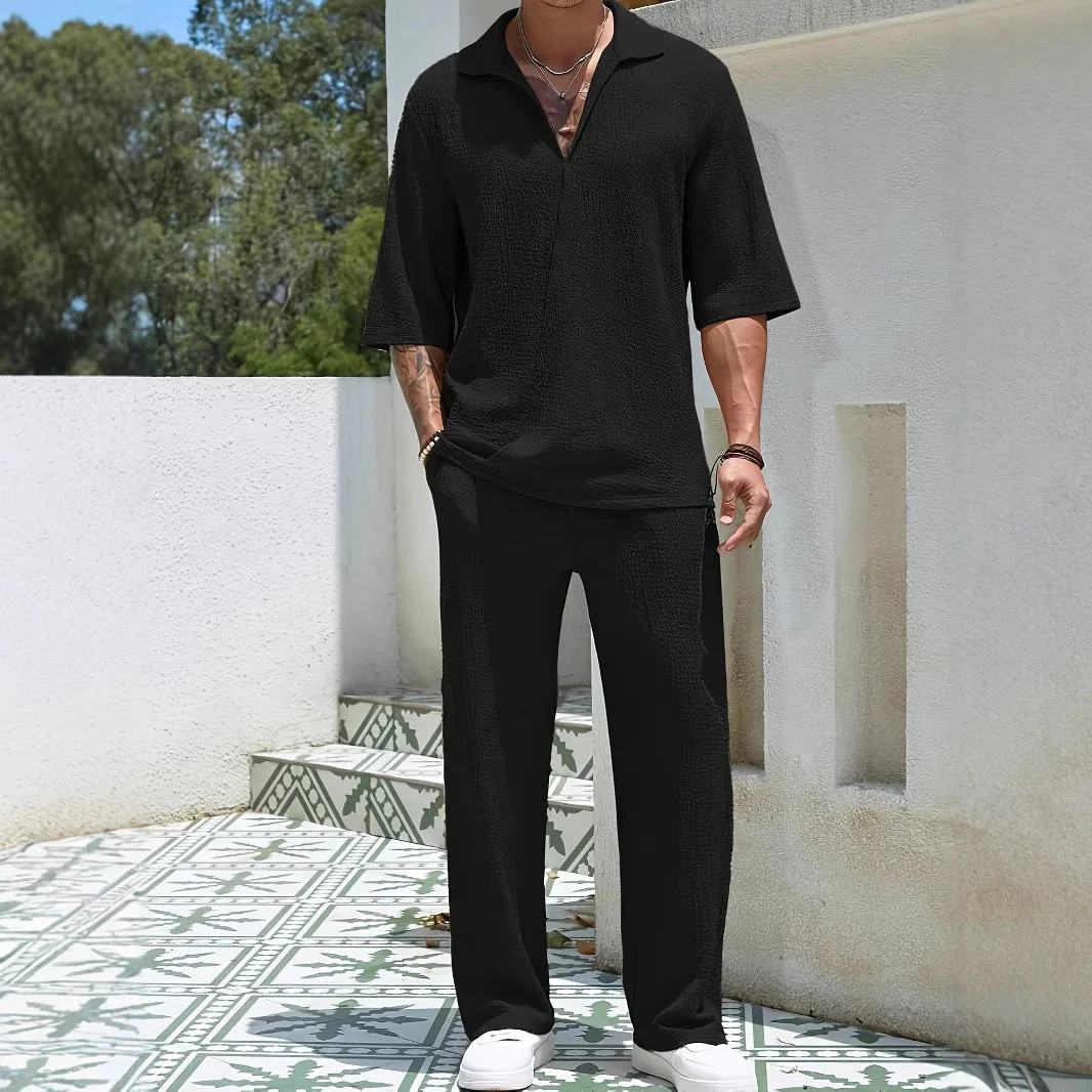 Men's Set – Relaxed Fit Shirt with Zip Collar & Straight Pants – Breathable Fabric - Image 2